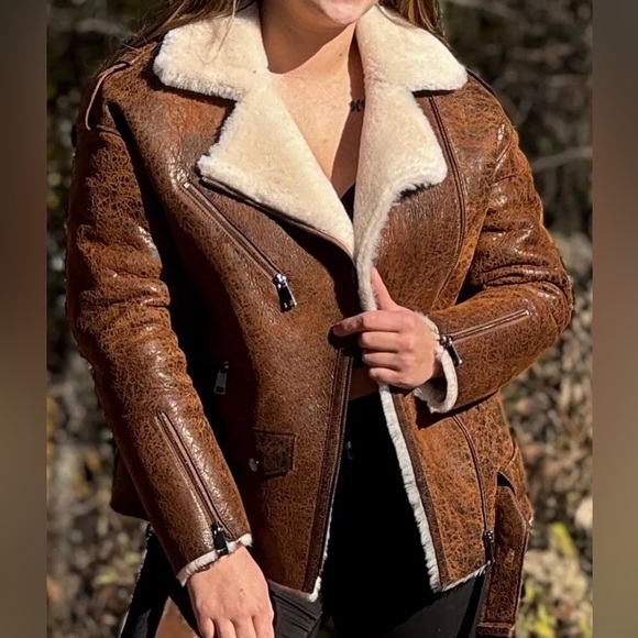 Jackets & Blazers - Women Real Sheepskin Flying Jacket Antique Brown Genuine Shearling Coat